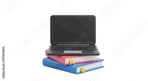 Vector illustration of laptop computer placed on top of a stack of books on a transparent background