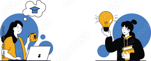 A woman works diligently at her desk while a man carries a large sun overhead