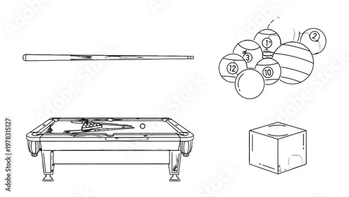 Snooker Game Elements: A meticulously crafted collection of illustrative elements capturing the core components of a billiard game, inviting a close look at the fundamentals of the sport.