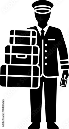Bellhop man carrying luggage suitcase icon. Hotel service worker, porter at lodging with baggage. Simple travel assistance vector symbol