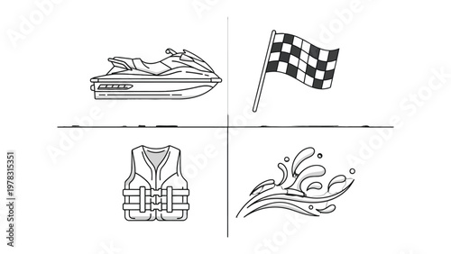 Jet Ski Elements: Line art of jet ski, checkered flag, life jacket, and water splash, evoking the thrill of water sports and recreational activities.