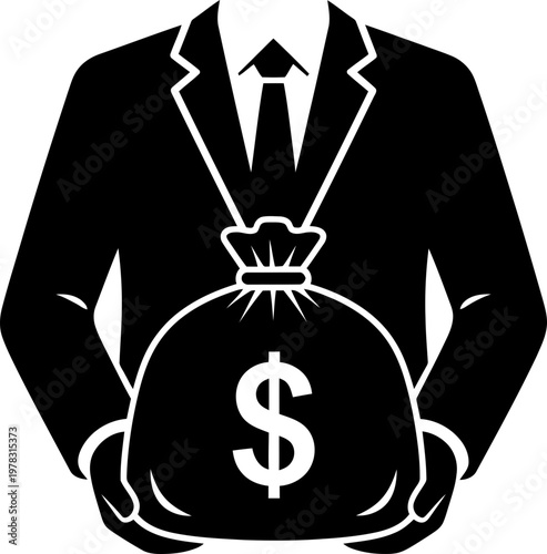 Man in suit holding a money bag with dollar symbol. Business finance and wealth concept. Monochrome vector icon for banking design