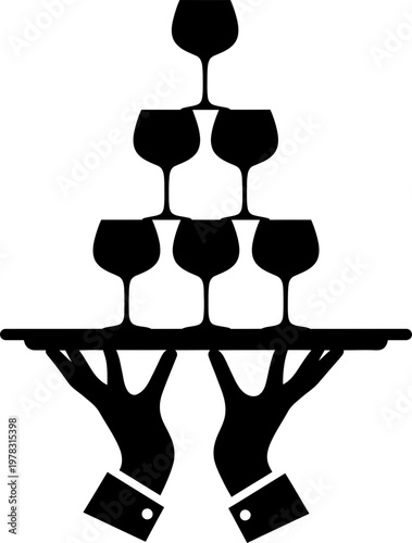 Two human hands holding a tray with stacked wine glasses forming a pyramid tower. Celebration banquet party service concept. Vector illustration, icon, symbol
