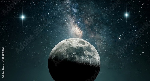 Cinematic View of the Moon with Milky Way Galaxy and Bright Stars in Deep Space Background