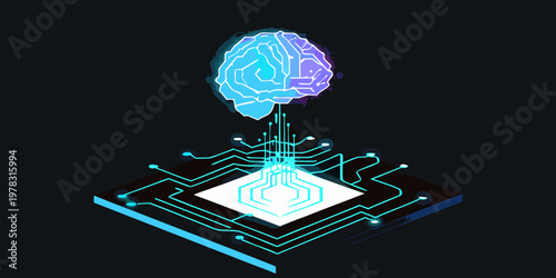 A glowing brain outline above a circuit board representing artificial intelligence