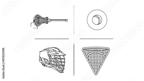 Lacrosse Essentials in Monochromatic: A monochromatic depiction showcases the essential equipment, perfect for highlighting sport's gear.
