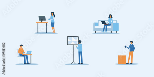 People collaborating and working remotely in a modern office setting