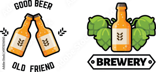 Illustration of two beer bottles labeled as good friend and brewery