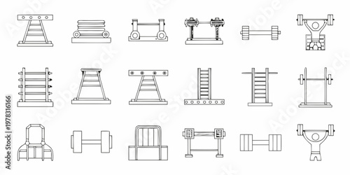 Line drawing illustration of various gymnastic and workout equipment pieces