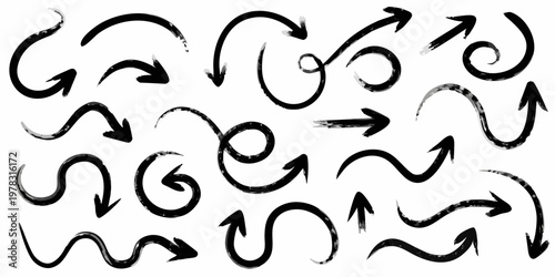 Collection of hand drawn black arrows and curving directional symbols