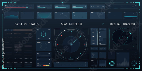 Futuristic user interface displaying system status orbital tracking and scan data