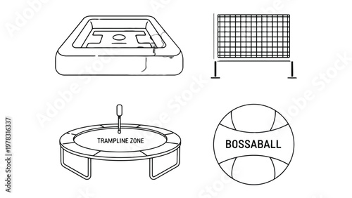 Bossaball Essentials: A minimalist illustration showcases the key components of bossaball, including a trampoline zone, a net, and the bossaball ball, all outlined in crisp black and white.