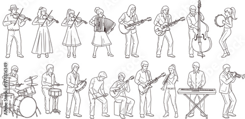 Detailed vector collection of diverse musicians playing various instruments like violin guitar drums and accordion in line art for coloring book.
