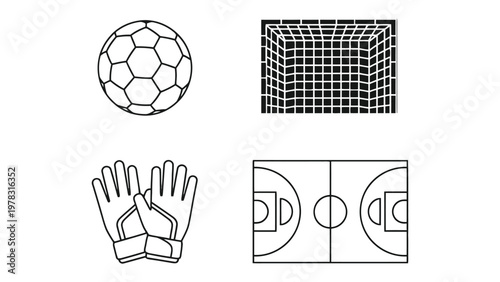 Soccer Gear Elements: Illustrated depiction of essential soccer equipment including a ball, goal, goalkeeper's gloves, and field, offering versatile design elements for sports-related visual content.