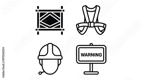 Safety Tools Icons: A set of essential safety tools, including a scaffold, safety harness, hard hat, and warning sign, meticulously rendered in a clean, minimalist style.
