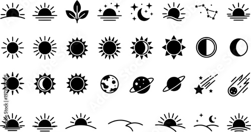 Seasonal and Observable Sky Events. Minimalistic set one-line drawing spring equinox sun, summer solstice sun, autumn equinox leaf and sun, winter solstice