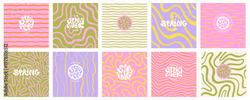 Deformed uneven organic lines wavy stripes vector funky groovy maze square backgrounds set. Hello SUMMER SPRING hand lettering. Doodle patterns collection. Uneven hand drawn twisted curved lines waves