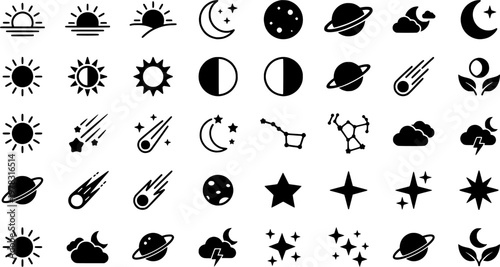 Seasonal and Observable Sky Events. Minimalistic set one-line drawing spring equinox sun, summer solstice sun, autumn equinox leaf and sun, winter solstice