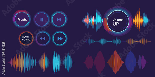 Colorful music player interface elements with audio waveforms and controls