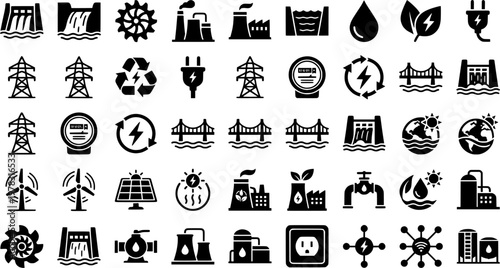 Hydro Energy Icons. Renewable energy. Solid icon set of hydro energy: water dam, flowing water, turbine, hydro power plant, reservoir, water drop, renewable