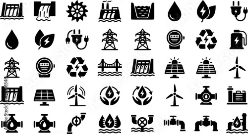 Hydro Energy Icons. Renewable energy. Solid icon set of hydro energy: water dam, flowing water, turbine, hydro power plant, reservoir, water drop, renewable