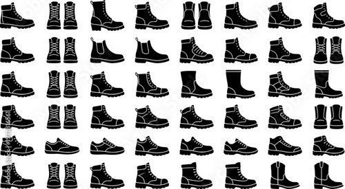 Work Combat Boots. Line icon set of Work Combat Boots: work boots, protective boots, heavy-duty boots, safety toe boots, industrial boots, reinforced sole,