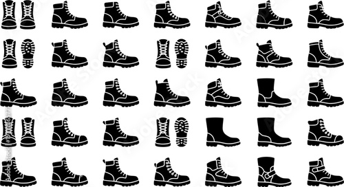Work Combat Boots. Line icon set of Work Combat Boots: work boots, protective boots, heavy-duty boots, safety toe boots, industrial boots, reinforced sole,