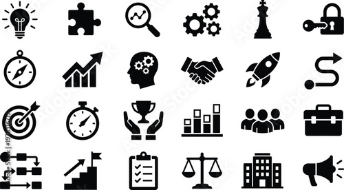 Comprehensive collection of business strategy icons, professional development symbols, corporate growth elements, marketing tools, leadership concepts, teamwork graphics, and strategic planning signs.
