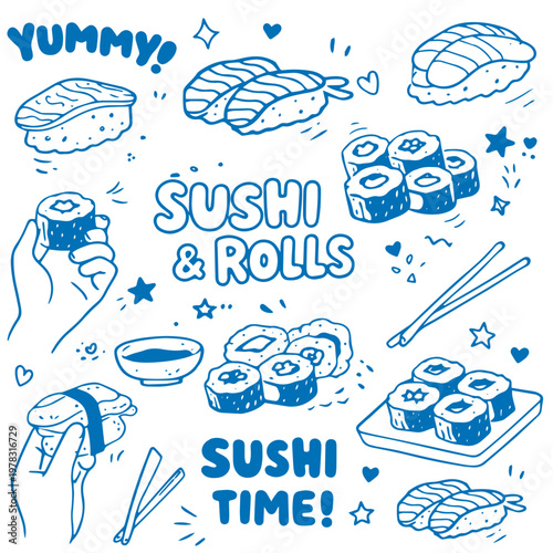 Sushi rolls doodle set with nigiri maki chopsticks and eating hands illustration
