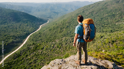 Hiker standing on mountain cliff overlooking valley adventure concept
