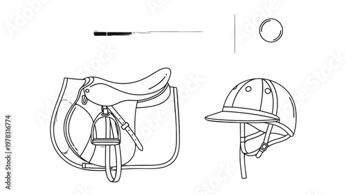 Equestrian Essentials: A detailed illustration showcases the essential equipment for equestrian activities, encompassing a saddle, riding helmet, whip, and circular design element.