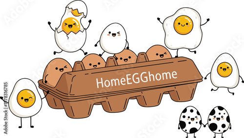 Cute Cartoon Egg Characters Set with Funny Expressions, Egg Box, and Food Mascot Illustration for Kitchen, Breakfast, and Packaging Designs