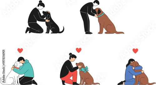 People Hugging Dogs Illustration Set Showing Love, Care, and Bond Between Pet Owners and Animals for Lifestyle and Companion Designs