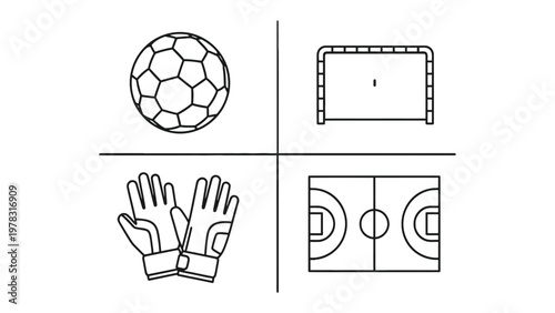 Soccer Game essentials: A set of essential elements of soccer game is arranged in a grid, including soccer ball, goal, gloves, and a field, all outlined in a neat, symmetrical composition.