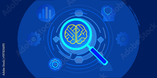 Artificial intelligence concept with a glowing brain and magnifying glass