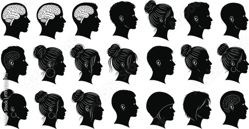 Diverse set of human head silhouettes in profile featuring brain illustrations and various hairstyles for mental health and psychology designs.