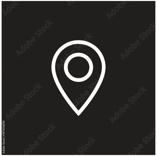 Minimalist black and white location pin icon, flat design, clean lines