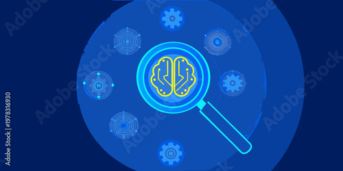 Artificial intelligence concept with a brain and magnifying glass illustration