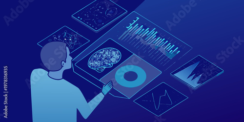 A person interacts with floating data visualizations of brain activity and analytics