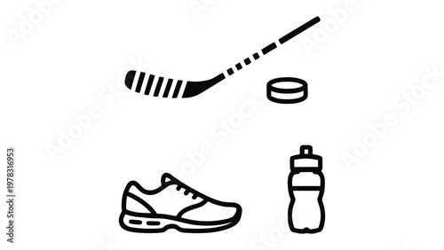 Sport Essentials: A collection of simple line illustrations capturing the essential equipment and accessories for a variety of sports activities.