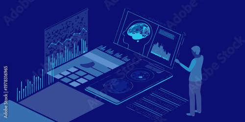 Isometric illustration depicting artificial intelligence data analysis and human interaction