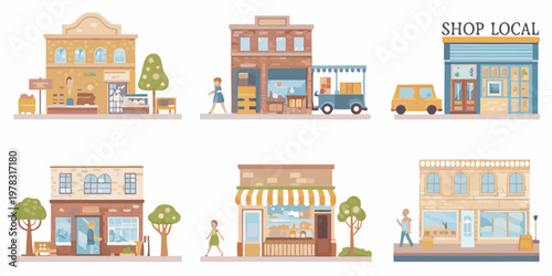 Colorful illustration of diverse storefronts and a supportive local business scene