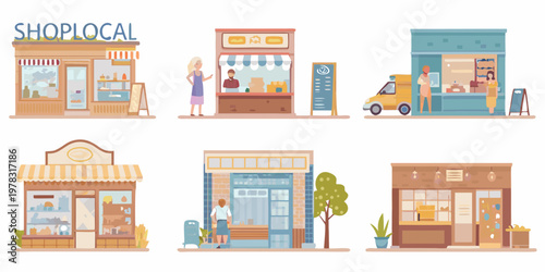 Colorful illustration depicting a variety of charming local storefronts