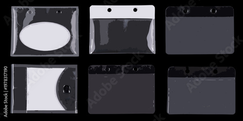 Six blank plastic id badge holders arranged in a grid formation