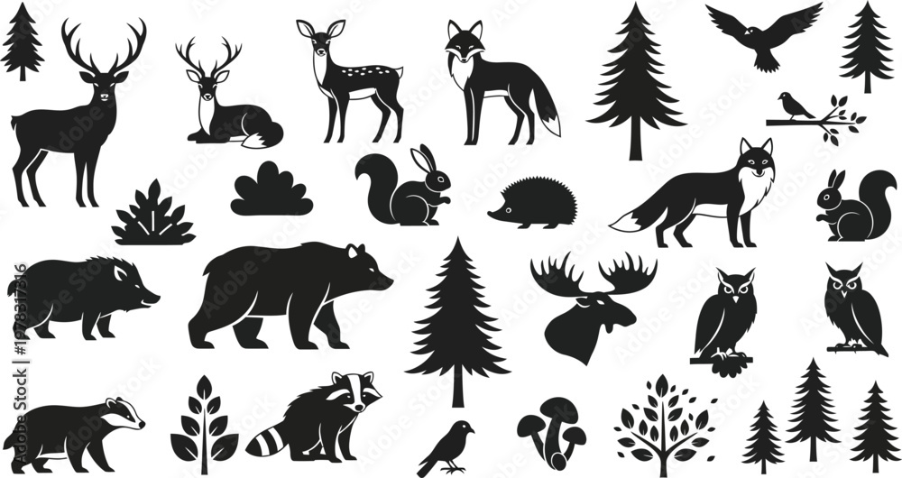 Fototapeta premium Black silhouettes of forest animals and trees on white background
