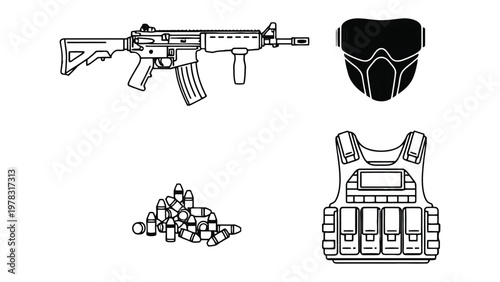 Assault Gear Outline: Essential tactical assault gear, including rifle, bullet, vest and mask, are meticulously outlined in black and white, ready for action.