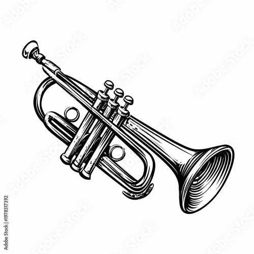 Trumpet stands alone as a classic brass instrument depicted in a detailed ink sketch style for musical design projects.