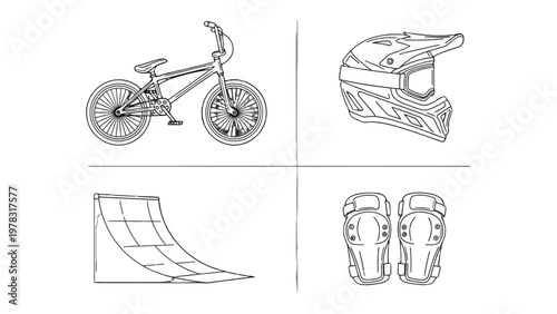 BMX essentials: Featuring a collection of essential elements for the exciting world of BMX riding. This image showcases a detailed illustration of a BMX bike, helmet, knee pad and ramp 