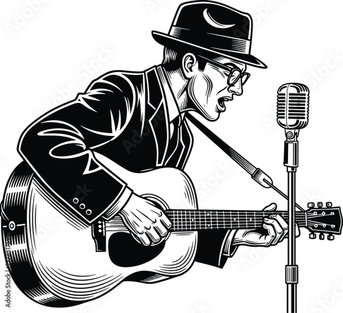 Vintage style woodcut vector illustration of a male musician wearing a fedora and glasses singing while playing an acoustic guitar.