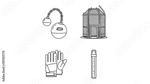 Engineering safety tools : A collection of essential engineering tools, including a ball and chain, protective gloves, a cage and a measuring tool, are neatly arranged, representing precision, skill.